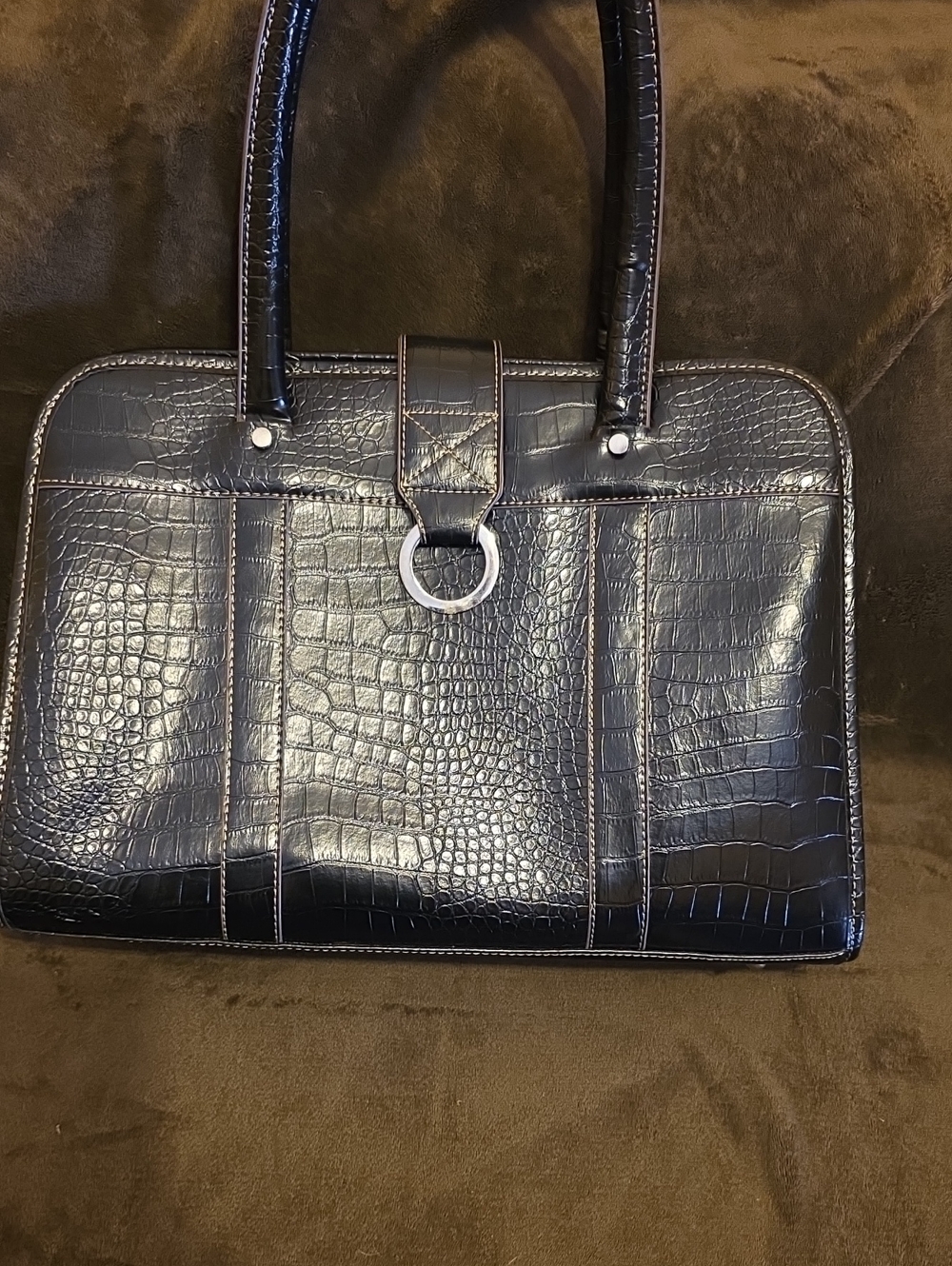 Croc-Embossed Laptop Tote Bag in Black